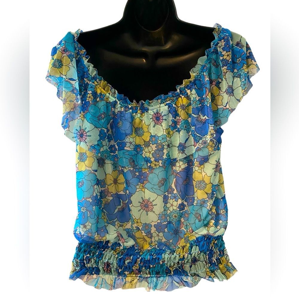New Boho chic blue floral crop top | Bohemian off the shoulder juniors top Small - Picture 6 of 9